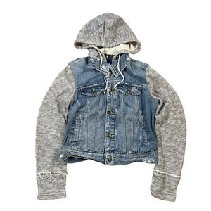 Free People Women's Hooded Denim Jacket Size XS Distressed Sweatshirt‎
